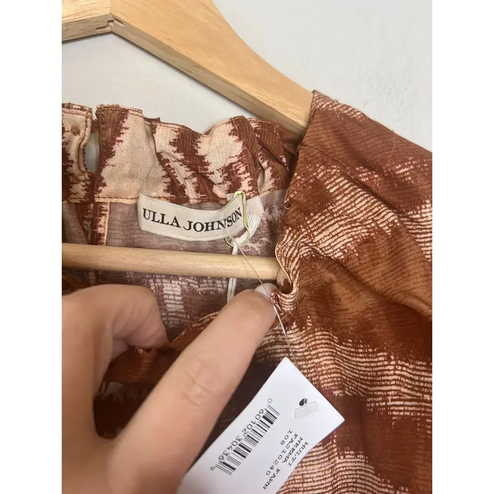 NWT Ulla Johnson Multi Neema Fawn Tige Puffed Short Sleeve Blouse Brown Size: 8